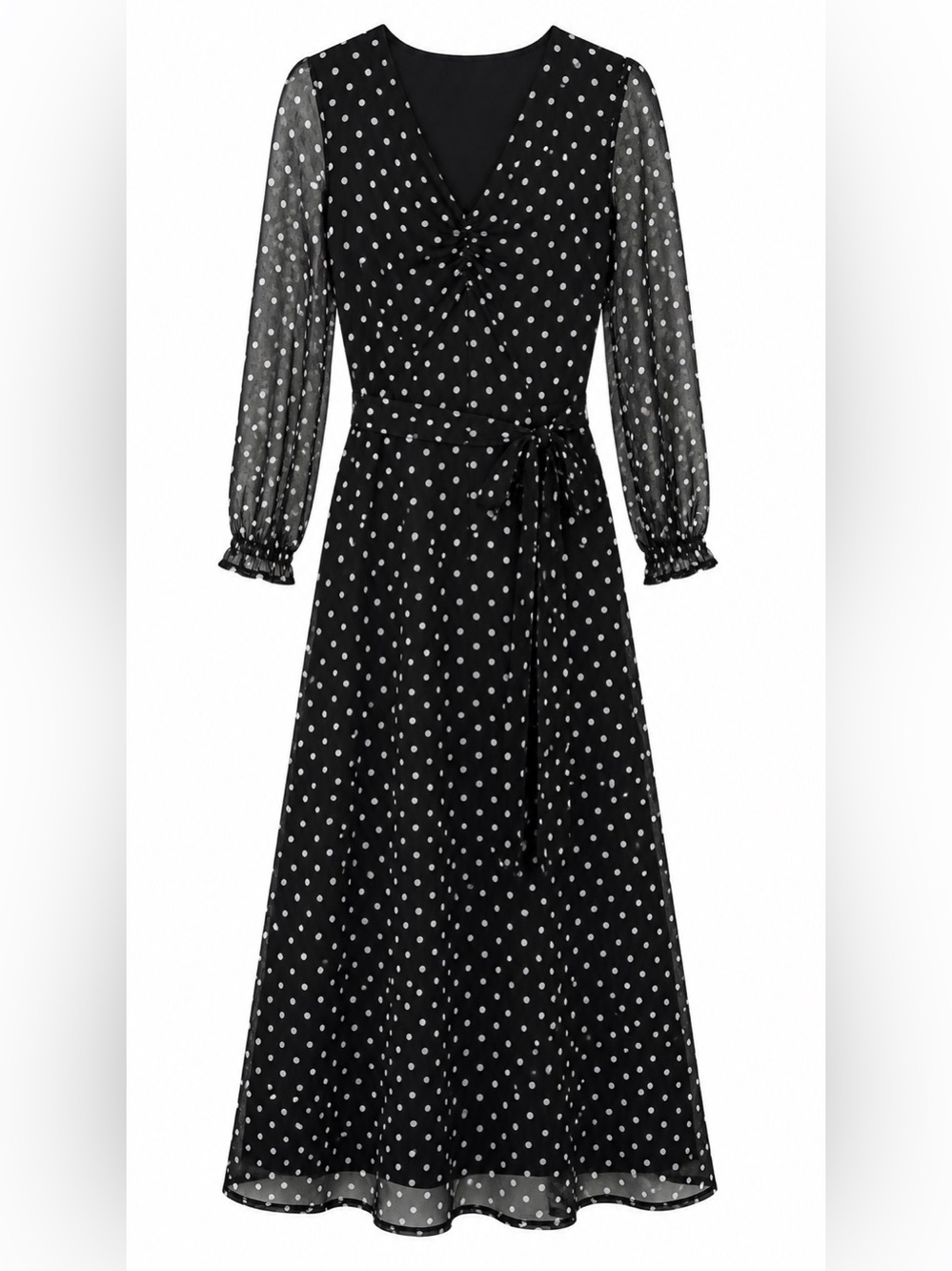 Harlow & Rose Black White Polka Dot Midi Dress Tie Waist Sheer Sleeve Size Small